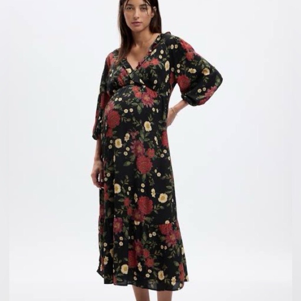 NWT GAP Black Floral Maternity Ruffle Midi Dress